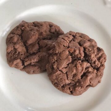 two chocolate chocolate chip cookies on a plate