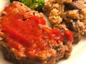 the best meatloaf served with broccoli and mushroom rice casserole