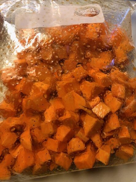 cubed sweet potatoes in ziploc bag