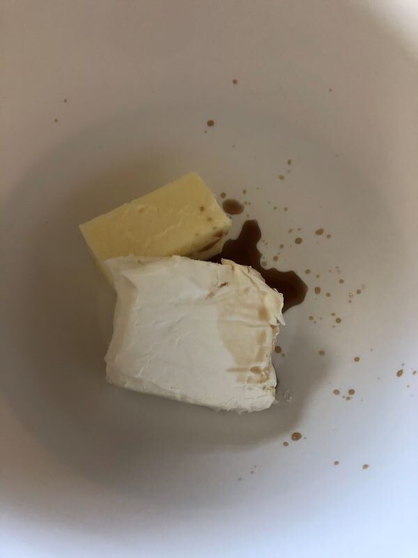 butter, cream cheese, and vanilla in bowl