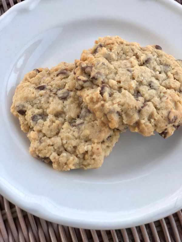 two oatmeal chocolate chip cookies on a plate