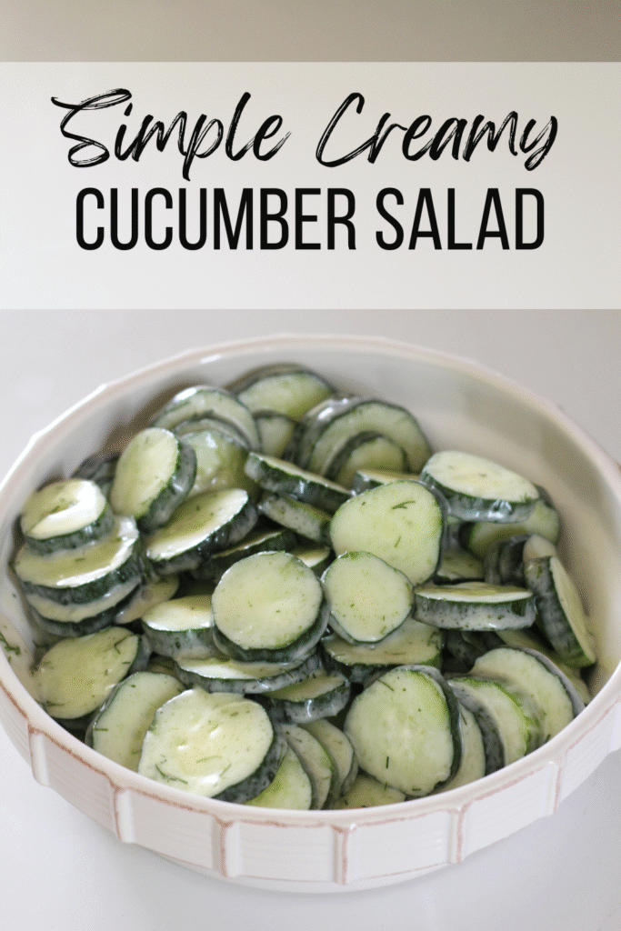 Easy Creamy Cucumber Salad Recipe with Fresh Dill #salad #cucumbers #herbs #dill #cucumber #fresh #vinegar #creamy #summer #onion #water #garden #simple #easy #mamamakesiteasy